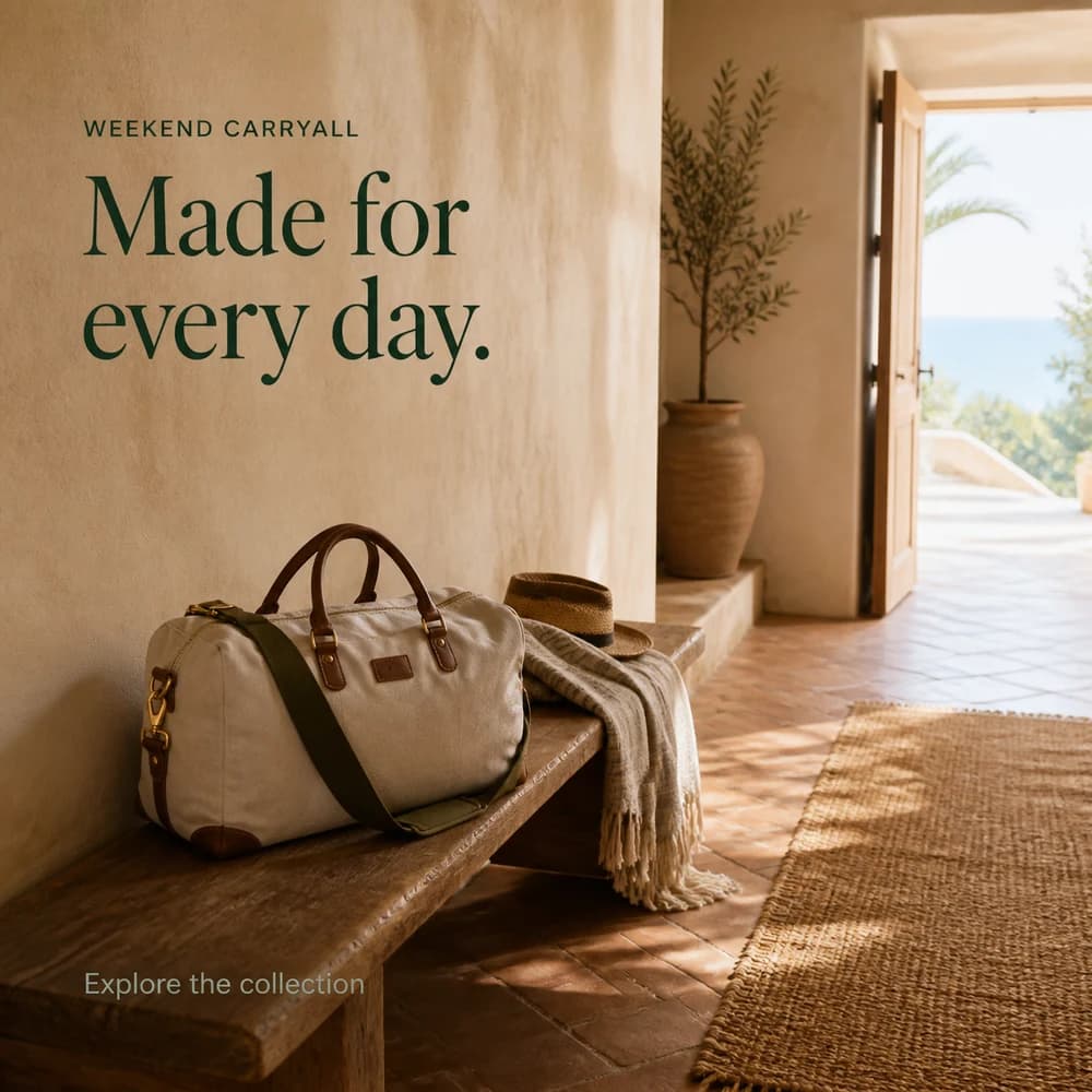 Current Weekend Carryall ad: a canvas travel bag on a bench in a wide guesthouse scene. Made for every day. Explore the collection.