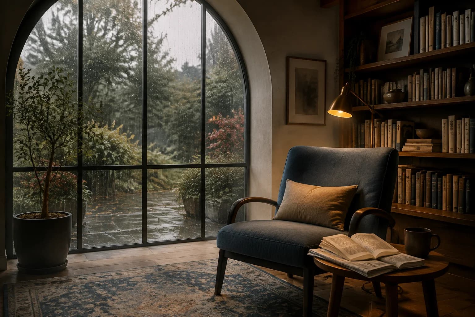 A quiet library with an open book, a reading lamp, and an arched window overlooking a rainy garden.