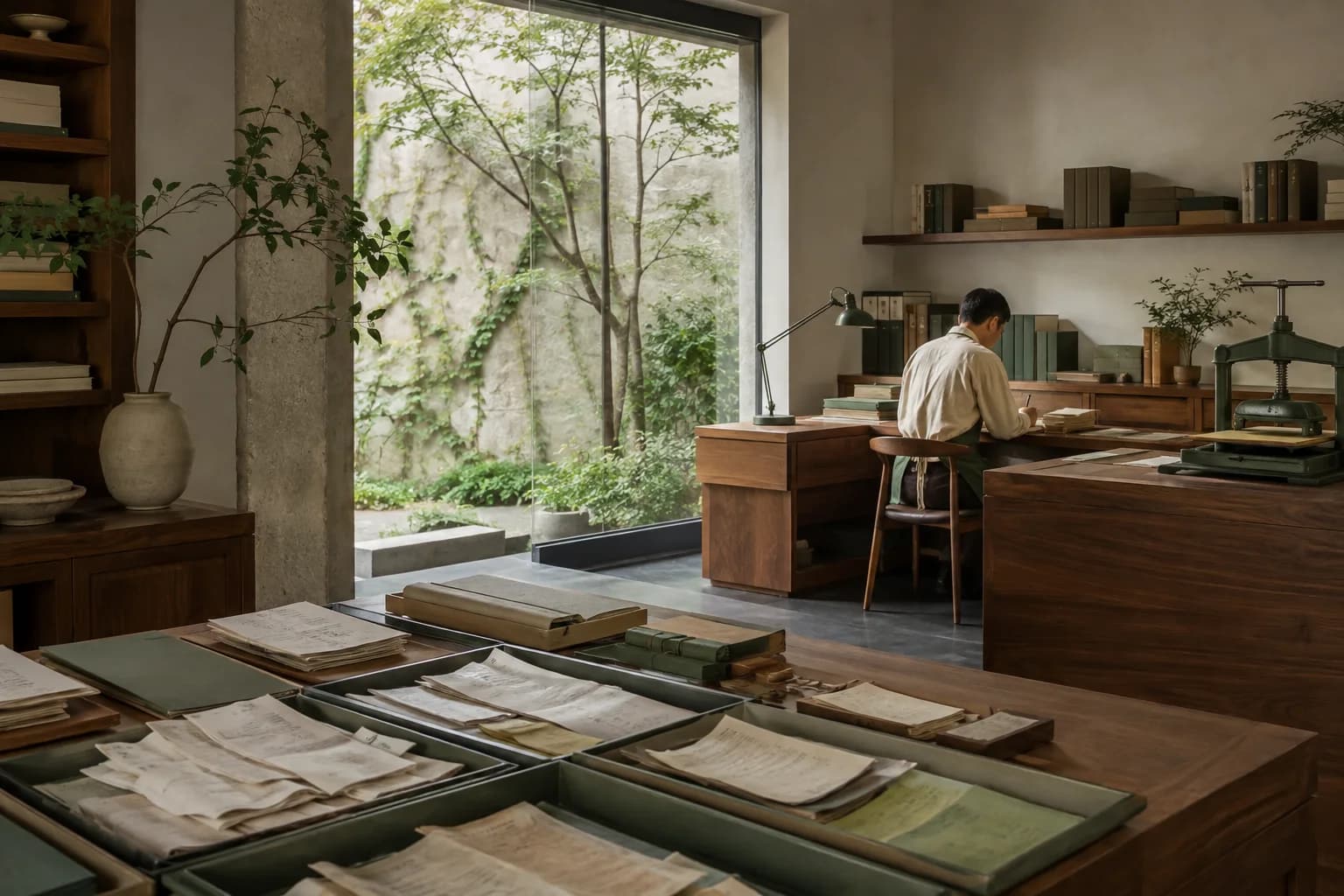 An illustrated finance workspace with ledgers and documents beside a sunlit window
