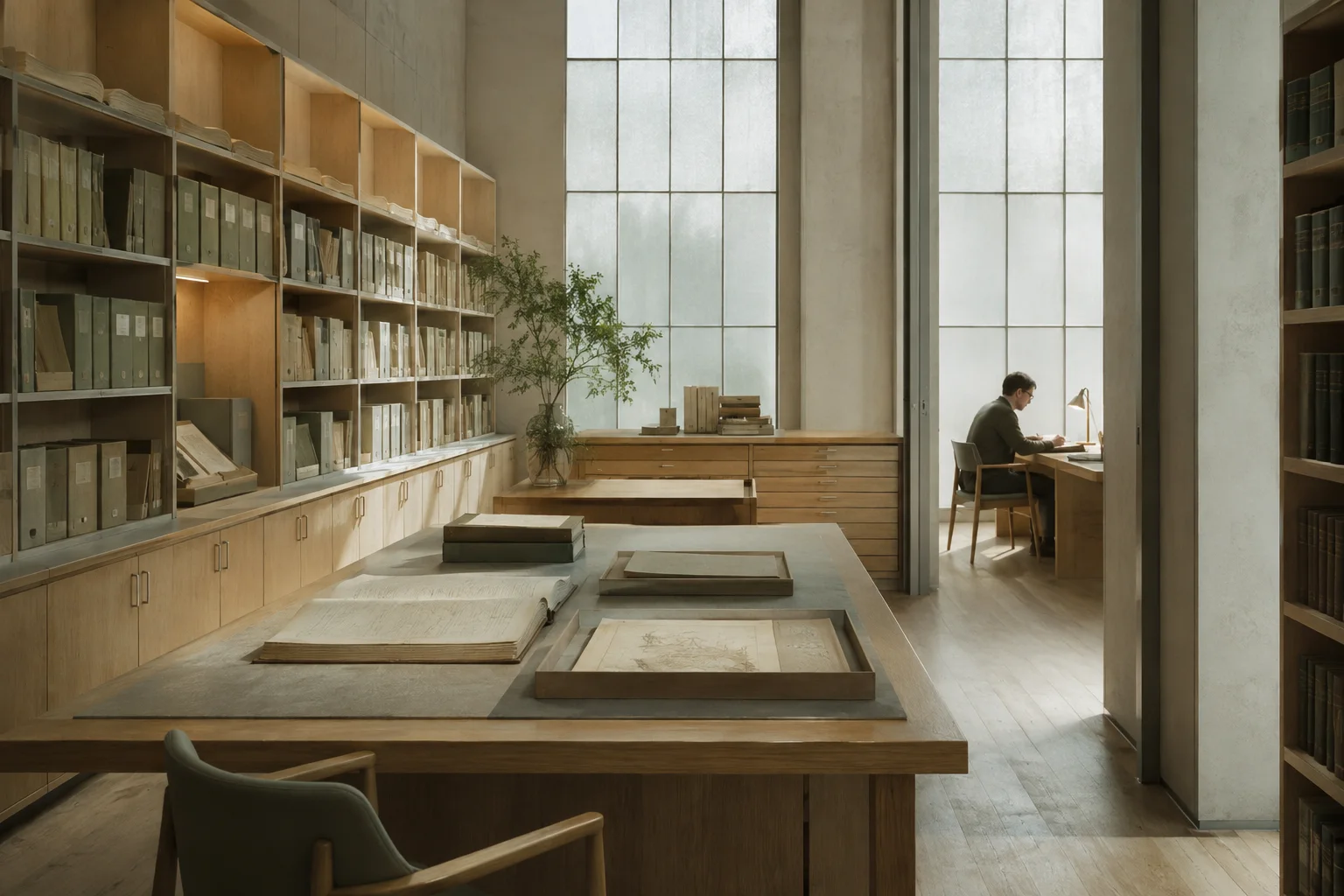 A quiet oak archive with carefully organized records and a researcher at a reading desk.